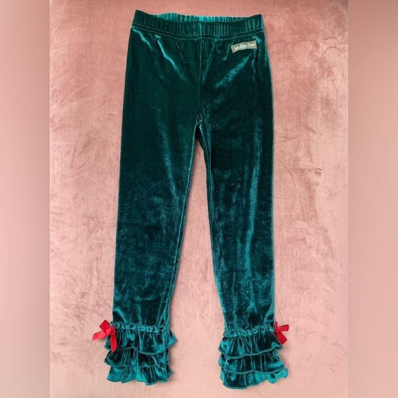 Matilda Jane Christmas Tinsel Green Velvet Ruffle Leggings Girls Size 4 - Picture 1 of 3